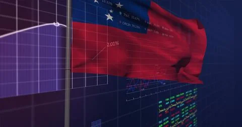 Waving red flag on pole in virtual data space, with translucent grid overlay, Stock Photos