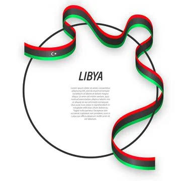 Waving ribbon flag of Libya on circle frame. Template for independence day po Stock-Illustration