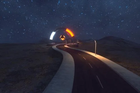 The waving road and the round magic entrance, 3d rendering. Illustrazione stock