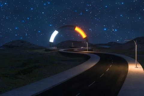 The waving road and the round magic entrance, 3d rendering. Stock-Illustration