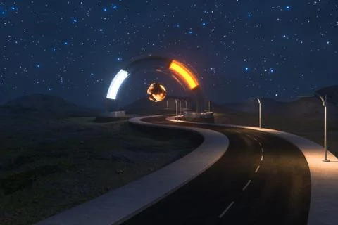 The waving road and the round magic entrance, 3d rendering. Illustrazione stock