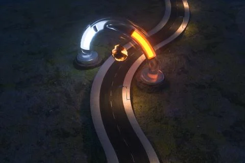 The waving road and the round magic entrance, 3d rendering. Stock-Illustration