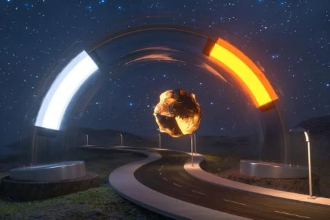 The waving road and the round magic entrance, 3d rendering. Stock-Illustration