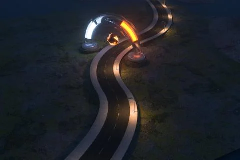 The waving road and the round magic entrance, 3d rendering. Illustrazione stock