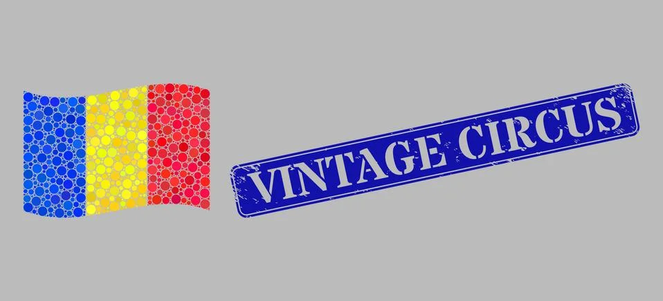 Waving Romania Flag Composition of Round Pixels and Grunge Vintage Circus Stamp イラスト素材