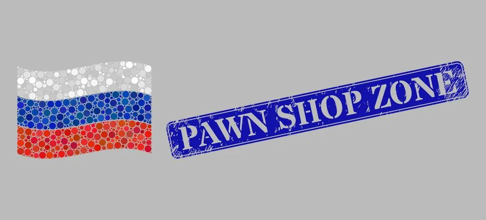 Waving Russia Flag Composition of Round Pixels and Distress Pawn Shop Zone Stamp Ilustração Stock