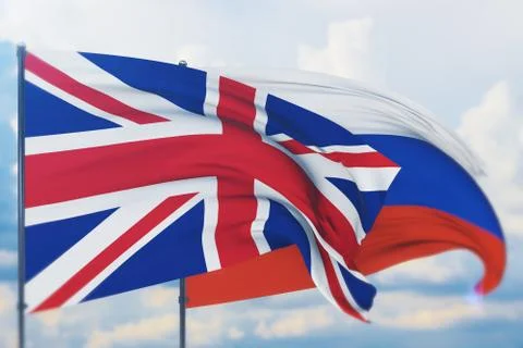 Waving Russian flag and flag of UK. Closeup view, 3D illustration. Stock-Illustration