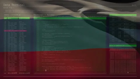 Waving Russian flag with animation of computer code and data terminal interface Stock Footage 303554062