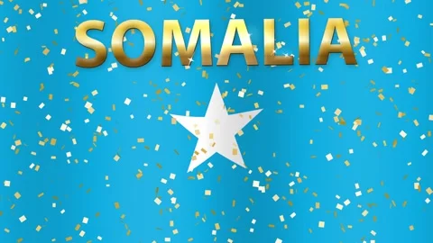 Waving Somalia Flag with Gold Text and Falling Glitter Confetti Stock Footage 341537517
