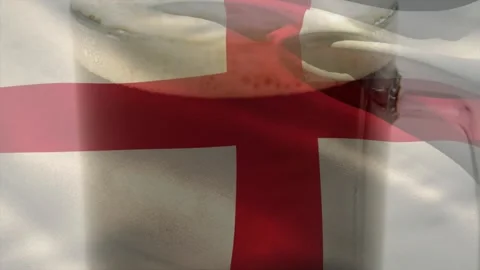 Waving St George cross overlay sparking camera moving down cup revealing crema Stock Footage 329472315