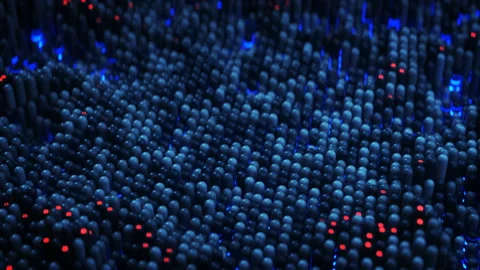 Waving structure of glowing blue and red elements loopable 3D render animation Stock Footage 120136627