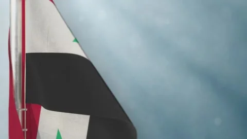 Waving Syrian Arab Republic flag on light blue bokeh bg Stock Footage 304412120