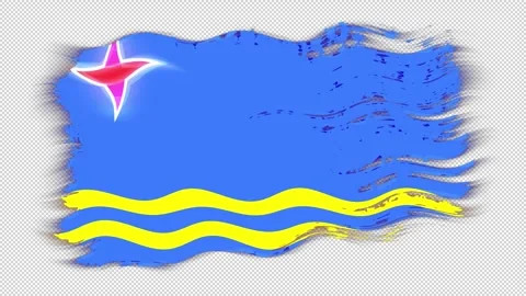 Waving torn Aruba flag grunge brush burn light leaks transparent background, Stock Footage 337440824