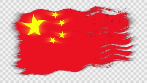 Waving torn China flag grunge brush burn light leaks transparent background, Stock Footage 337412062