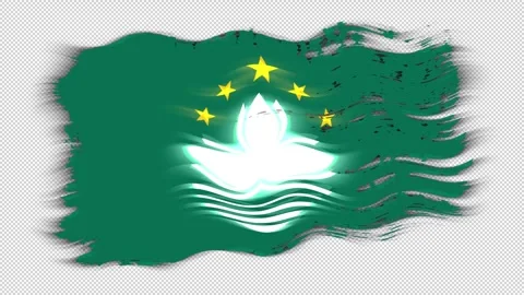 Waving torn Macau flag grunge brush burn light leaks transparent background, Stock Footage 337426754