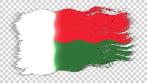 Waving torn Madagascar flag grunge brush burn light leaks transparent background Stock Footage 337426841
