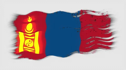 Waving torn Mongolia flag grunge brush burn light leaks transparent background, Stock Footage 337445034