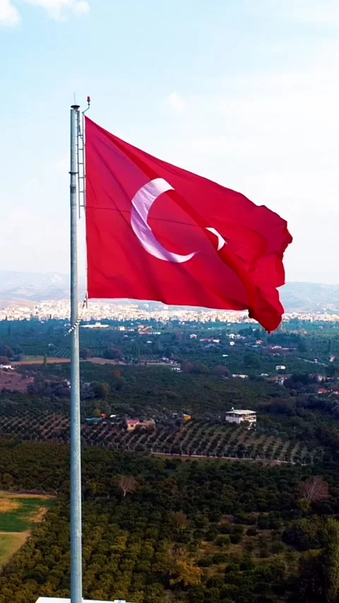 Waving Turkish flag - Image of waving Turkish flag taken by drone Stock-Footage 309112016