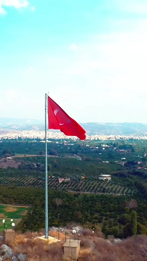 Waving Turkish flag - Image of waving Turkish flag taken by drone Stock Footage 309112032