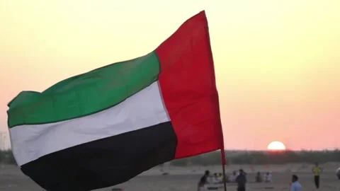 Waving UEA flag at sunset Video stock 144682661