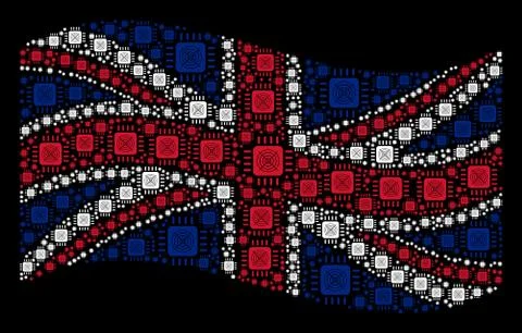 Waving UK Flag Pattern of ASIC Processor Icons Stock Illustration