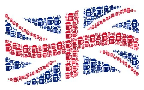 Waving UK Flag Pattern of Beer Glass Items Stock Illustration