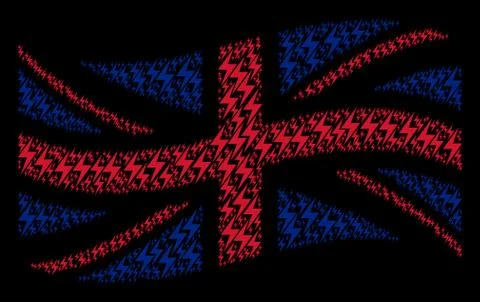 Waving UK Flag Pattern of Electric Bolt Icons Illustrazione stock