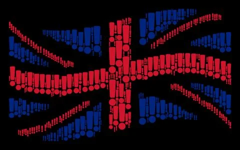 Waving UK Flag Pattern of Exclamation Sign Icons Stockillustratie