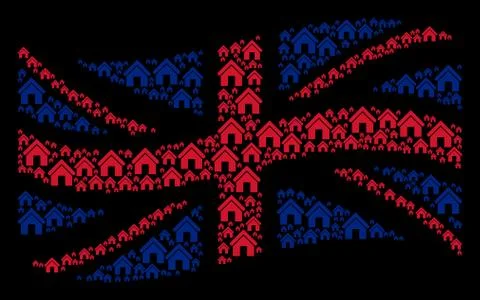 Waving UK Flag Pattern of Home Icons Illustrazione stock