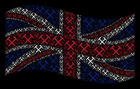 Waving UK Flag Pattern of Mining Hammers Items Illustrazione stock