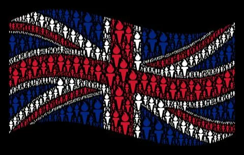 Waving UK Flag Pattern of Torch Fire Icons Stock Illustration