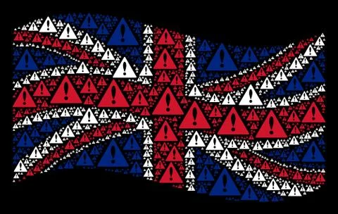 Waving UK Flag Pattern of Warning Icons Stock Illustration