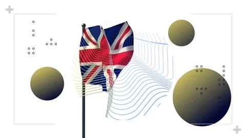 Waving Union Jack flag with animation of abstract geometric shapes in background Video stock 304202897