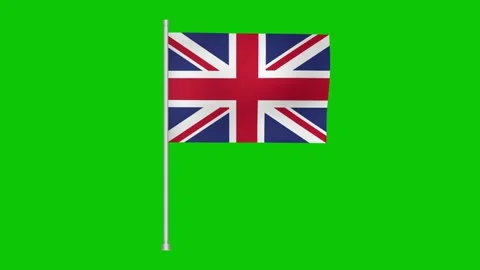 A waving union jack on a pole in front of a green screen background Stockbeeldmateriaal 317542201