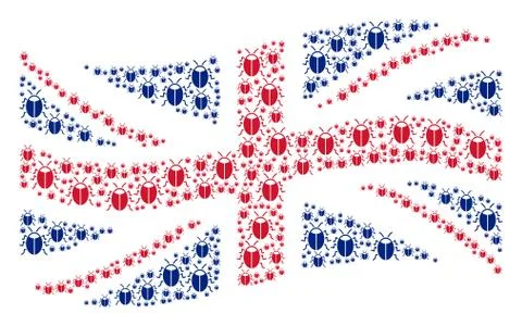 Waving United Kingdom Flag Pattern of Bug Icons イラスト素材