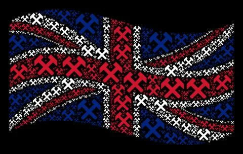 Waving United Kingdom Flag Pattern of Hammers Icons Stock Illustration