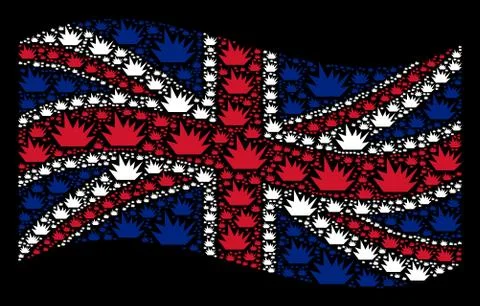 Waving United Kingdom Flag Pattern of Boom Explosion Icons Illustrazione stock