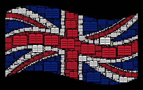 Waving United Kingdom Flag Pattern of Open Book Items Stock Illustration