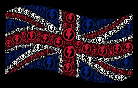 Waving United Kingdom Flag Pattern of Electricity Icons Illustrazione stock