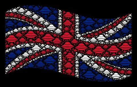 Waving United Kingdom Flag Pattern of Space Ship Icons Stock Illustration