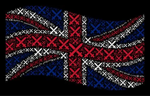 Waving United Kingdom Flag Pattern of Crossing Swords Items Illustrazione stock