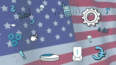 Waving US flag driving doodle icons popping in, settling and showing finance, Stock Footage 331820320