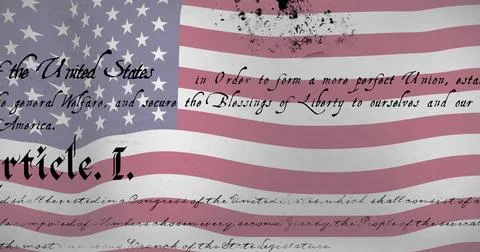 Waving US flag overlaying cursive Gothic calligraphy in digital poster, with ink Stock Illustration