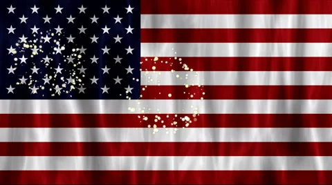 Waving USA flag and fire work explosion animation background. UHD 4k 3840x2160 Stock Footage 64571308