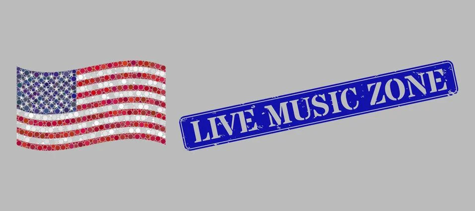 Waving USA Flag Collage of Round Dots and Grunge Live Music Zone Seal 스톡 일러스트