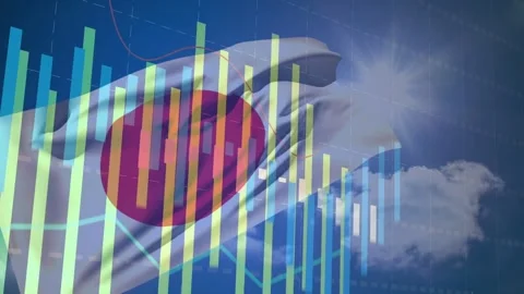 Waving white flag bearing red disc rippling in blue sky as overlay charts Stock Footage 333967721