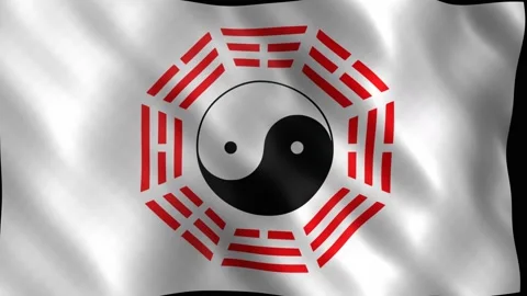 Waving white flag featuring yin yang and bagua symbols. 4K Video stock 344046916
