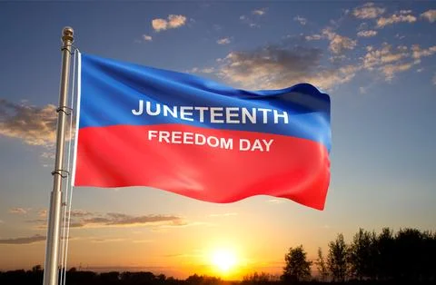 Waving in the wind flag with text Juneteenth Freedom Day Illustrazione stock