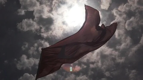 Waving in the wind flag of Turkey Republic on the flagpole with blue sky on Stock Footage 116302224