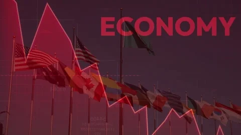 Waving World Flags with Global Economic Decline Graph Stock Footage 337732843